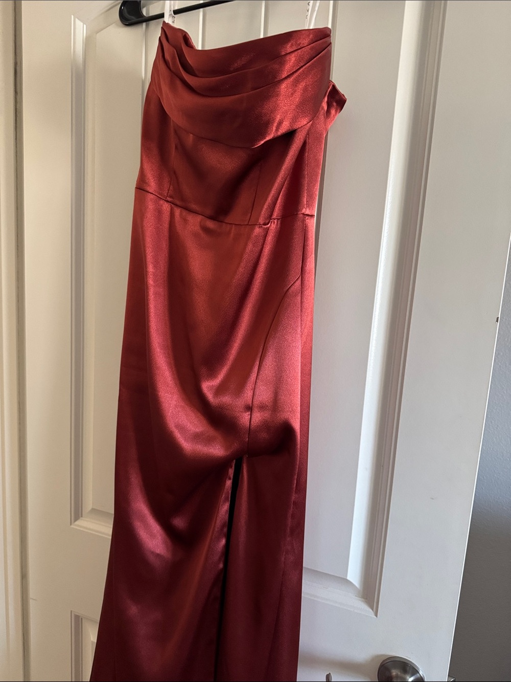 Azazie Rust Satin Strapless Ruffled Gown - Picture 4 of 4